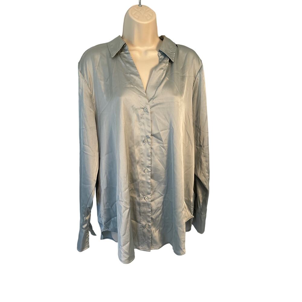 H&M Satin Button Down Shirt Sage Green Silver Long Sleeve Blouse Large